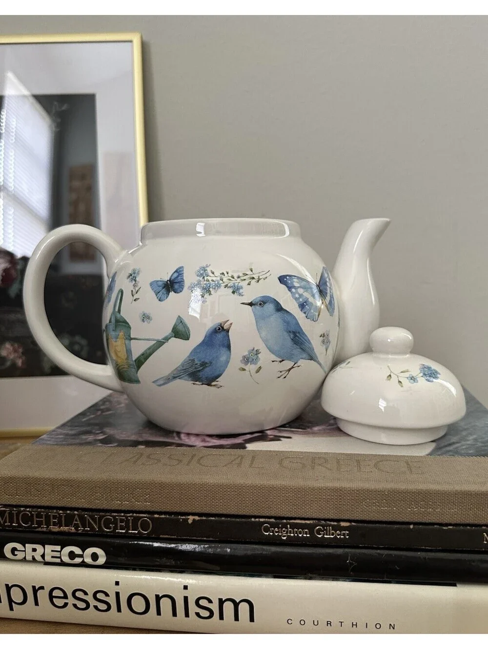 Vintage Hallmark Blue Skies Birds Cottagecore Teapot  Marjolein Bastin 1995